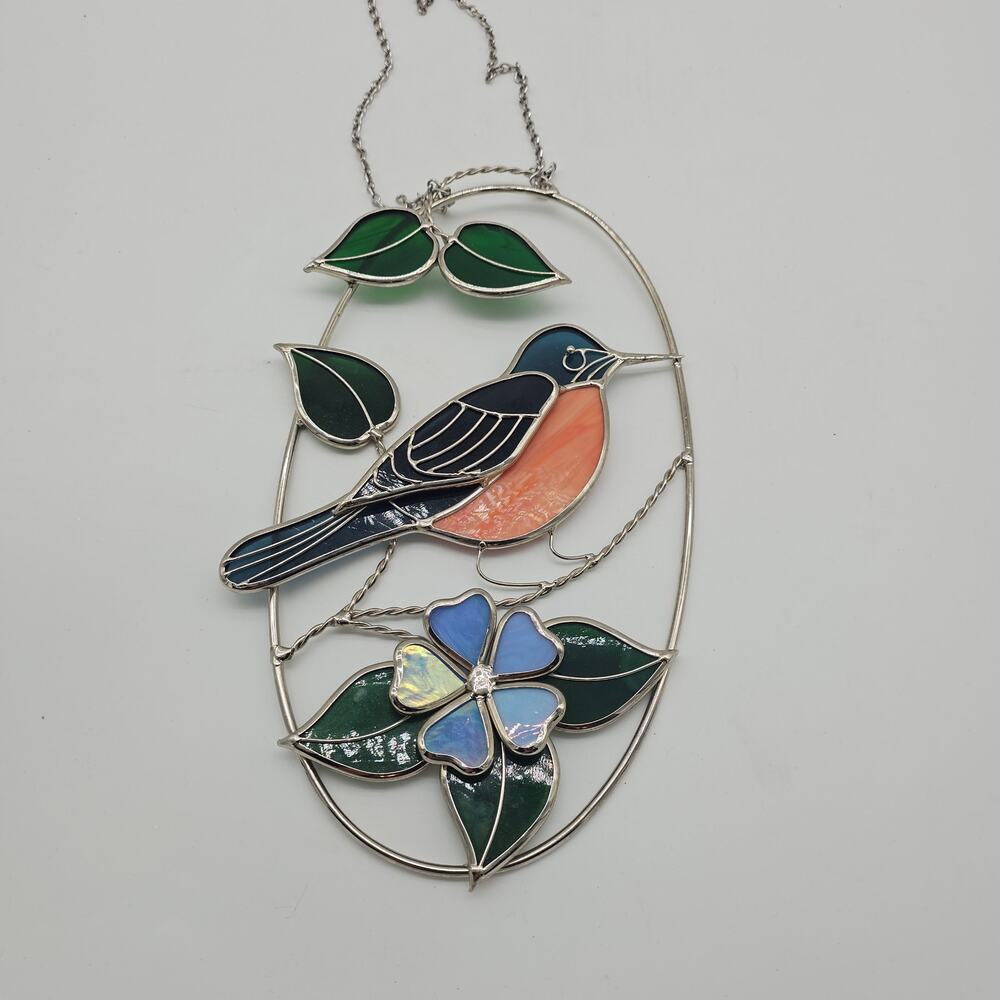 Stained Glass Hummingbird and flower decor hanger 11×6